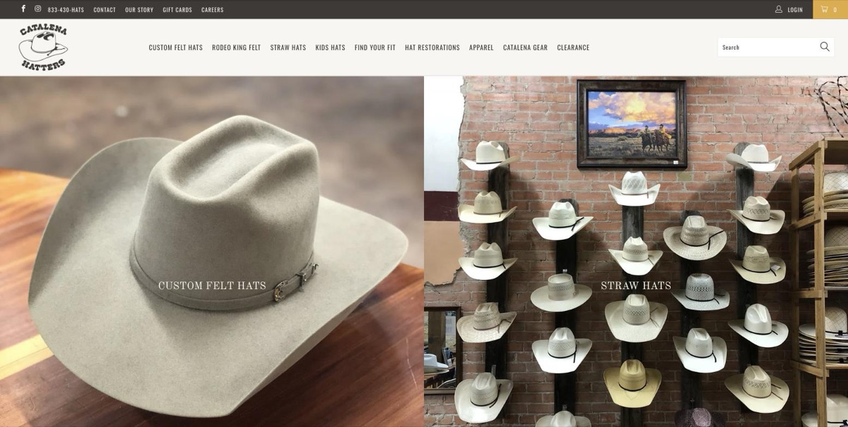 The live catalenahatters.com homepage on desktop: a dark top bar, the logo and nine navigation items, then two photo tiles side by side, a silverbelly felt hat labelled Custom Felt Hats and a brick wall of straw hats labelled Straw Hats