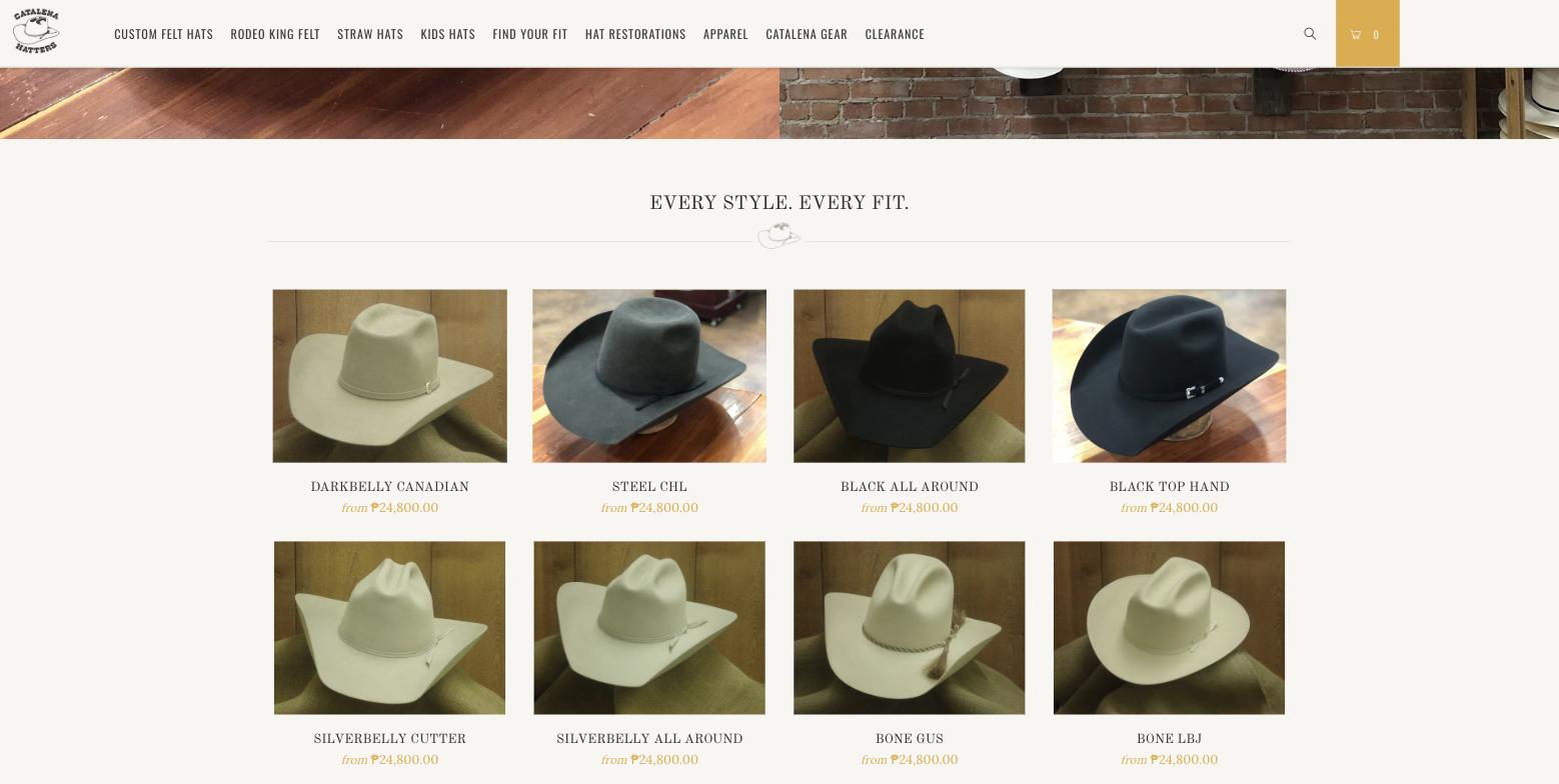 Homepage product grid titled Every Style. Every Fit. with eight felt hats, each captioned in small uppercase serif and priced from 24,800 pesos in gold