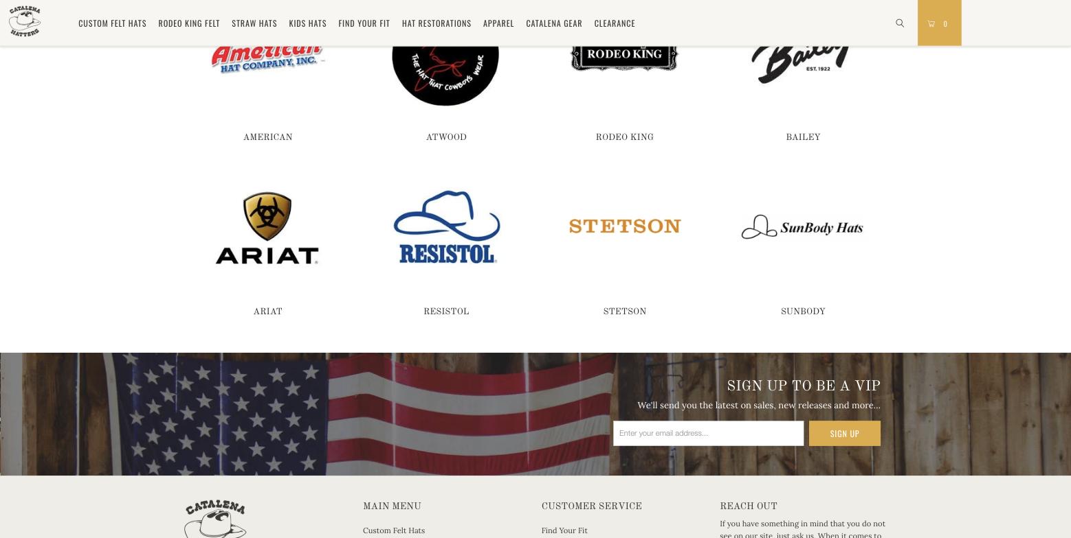 Homepage brand row with eight logos at different sizes: American Hat Company, Atwood, Rodeo King, Bailey, a large black Ariat mark, Resistol, an orange Stetson wordmark and SunBody, above a newsletter band on a US flag