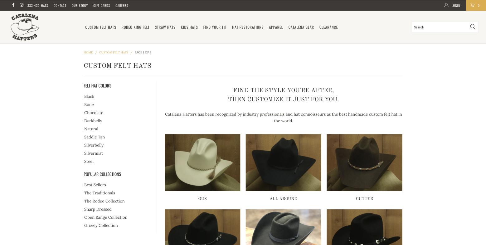 Custom felt hats hub page: breadcrumb reading Home, Custom Felt Hats, Page 1 of 3, a sidebar of felt colours and popular collections, and a grid of style tiles named Gus, All Around and Cutter with no prices