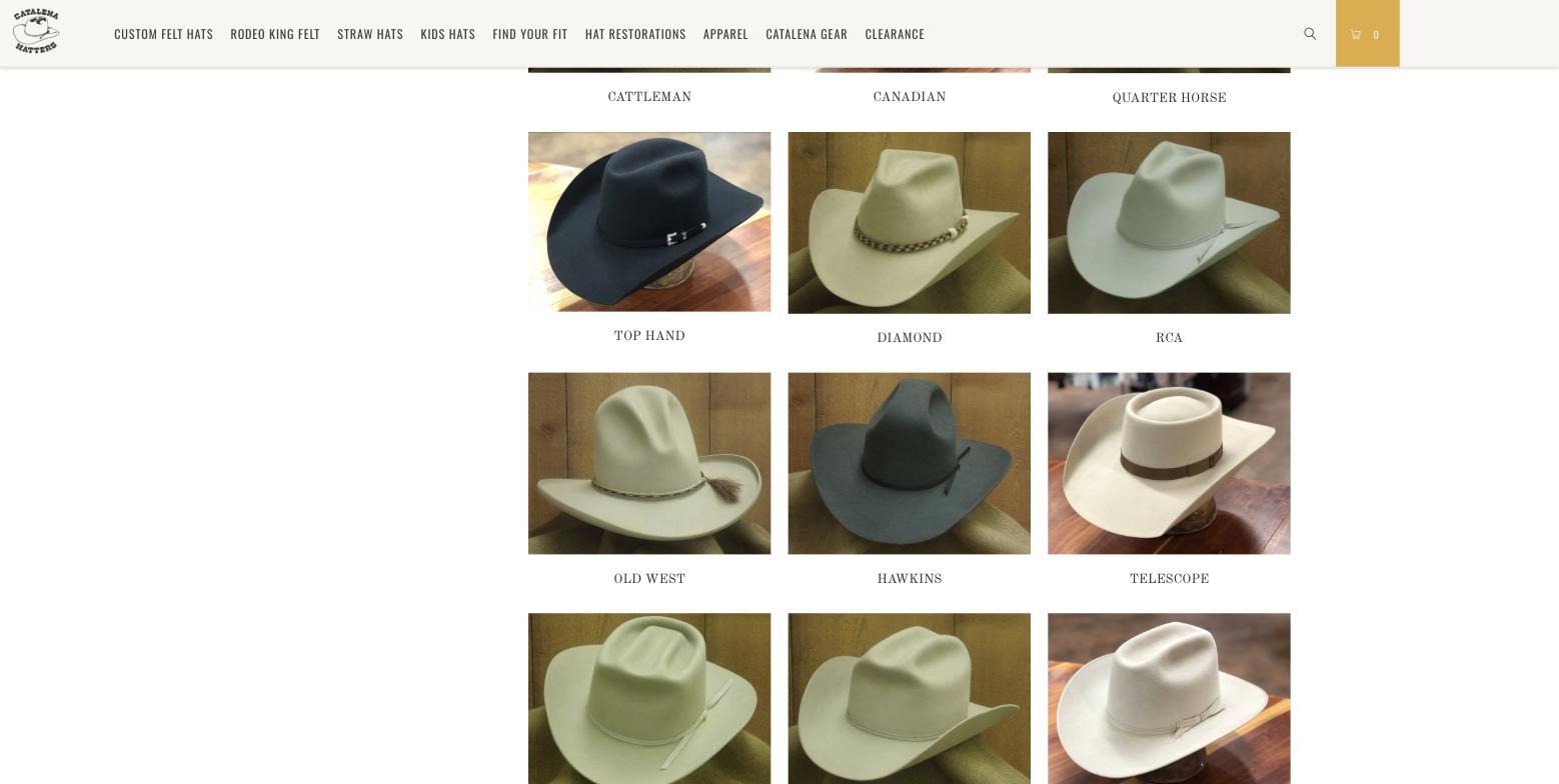 Custom felt hats collection grid where the bottom row of hat thumbnails is still blurred placeholder images while the rows above are sharp, with an empty left column
