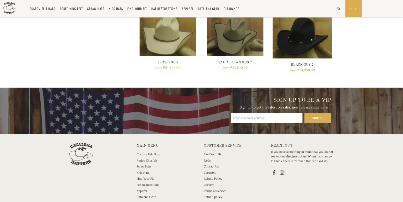 Gus collection scrolled to the bottom: three hat cards on the right, a blank left column where the filter sidebar has ended, then the newsletter band and footer