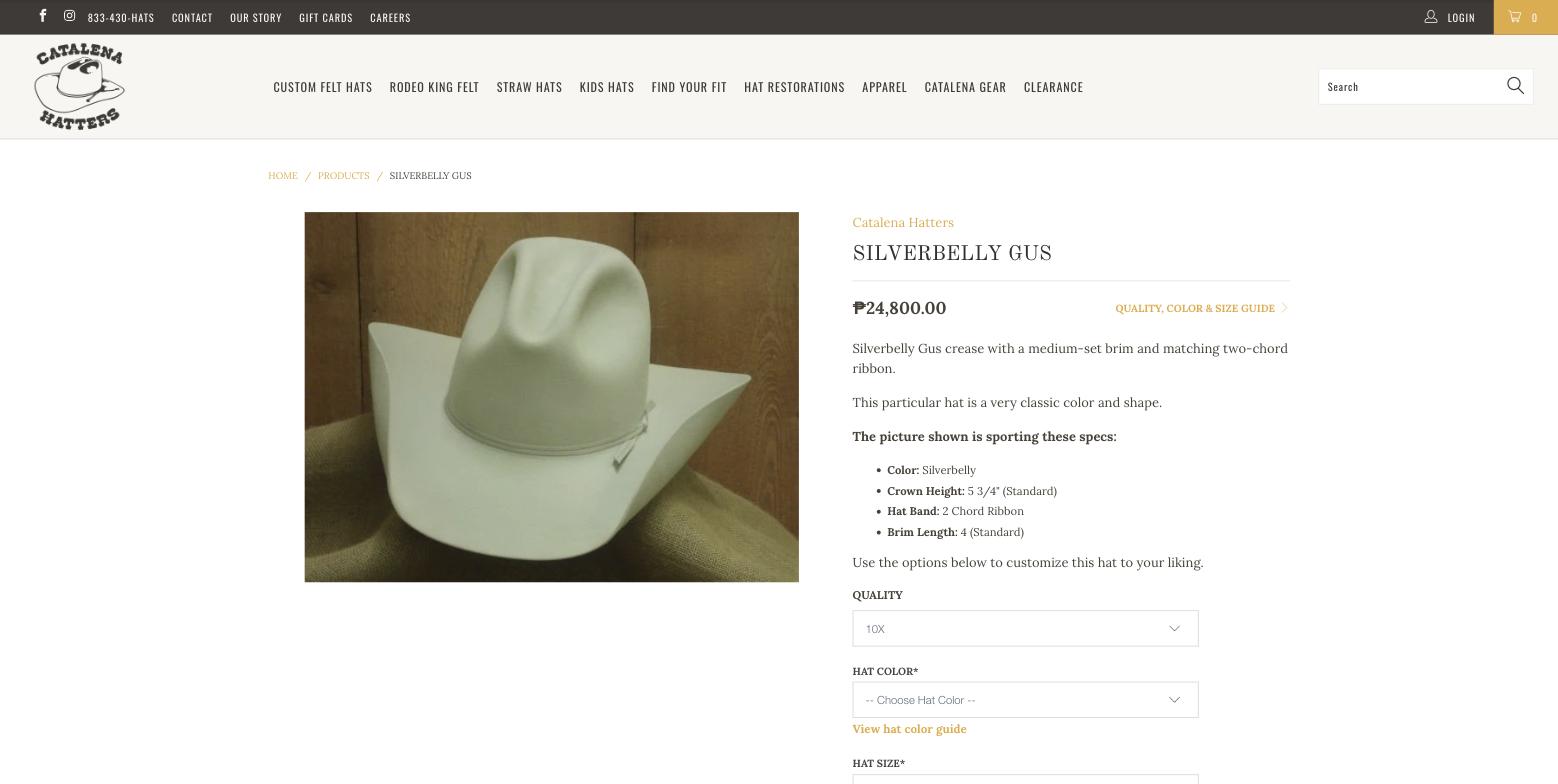 Product page for the Silverbelly Gus: one photo of a pale felt hat on burlap against wood panelling, the vendor link, title, gold price and a spec list, with no thumbnails
