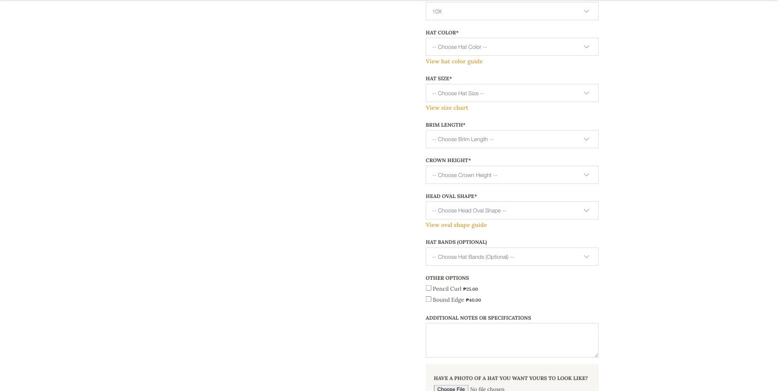 The Silverbelly Gus option form: dropdowns for hat colour, hat size, brim length, crown height, head oval shape and hat bands each reading Choose, then checkboxes for pencil curl and bound edge, a notes box and a file upload