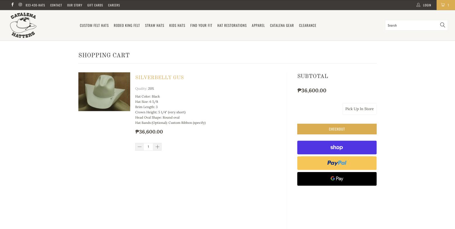 Shopping cart with one Silverbelly Gus line item listing Hat Color Black and other options, a subtotal of 36,600 pesos, a floating Pick Up In Store button, then Checkout, Shop Pay, PayPal and Google Pay buttons