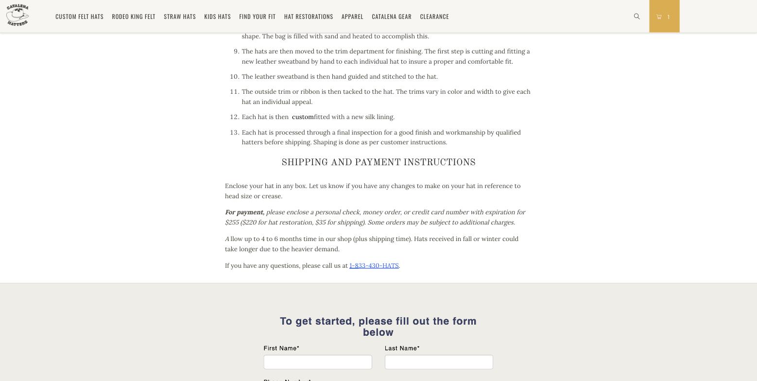 Hat restorations page: serif body text with a default blue underlined phone link, followed by a form titled To get started in a different bold sans-serif font
