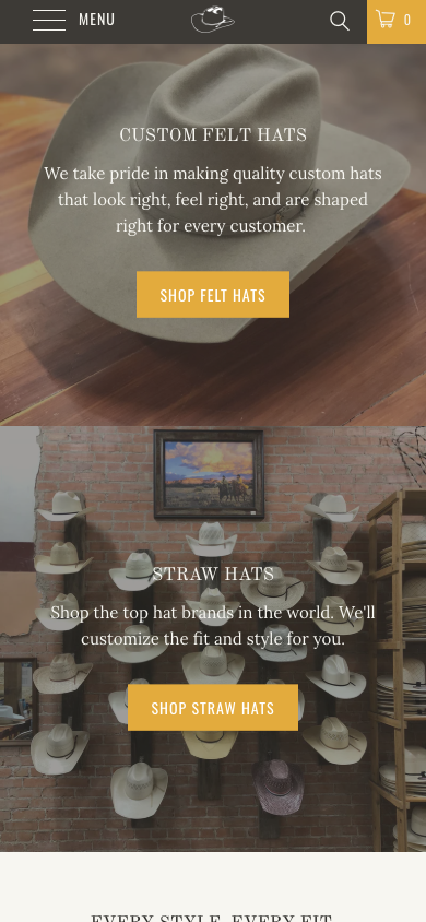 Mobile homepage: the same felt hat photo with a paragraph about quality custom hats and a gold Shop Felt Hats button, then the straw hat wall with a Shop Straw Hats button
