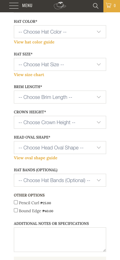Mobile product page scrolled deep into the option form, showing the remaining dropdowns, the two checkboxes and the notes box, with the Add to Cart button still below the fold