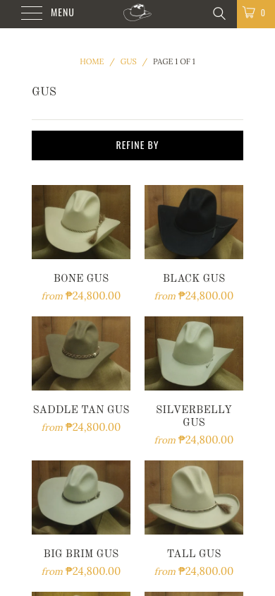Mobile Gus collection with a full-width black Refine By button above a two-column grid of felt hats