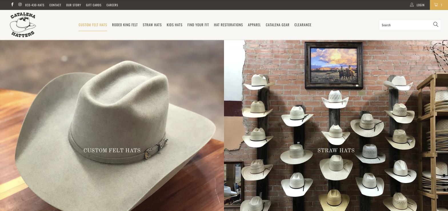 Desktop header with the pointer resting on Custom Felt Hats: the link gains a gold underline but no dropdown appears beneath it